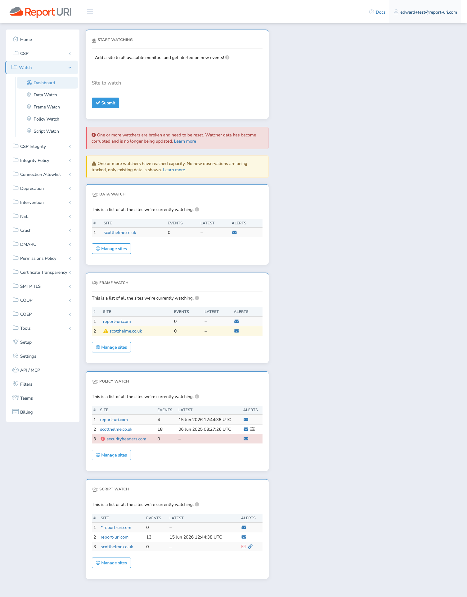 The Watch products dashboard
